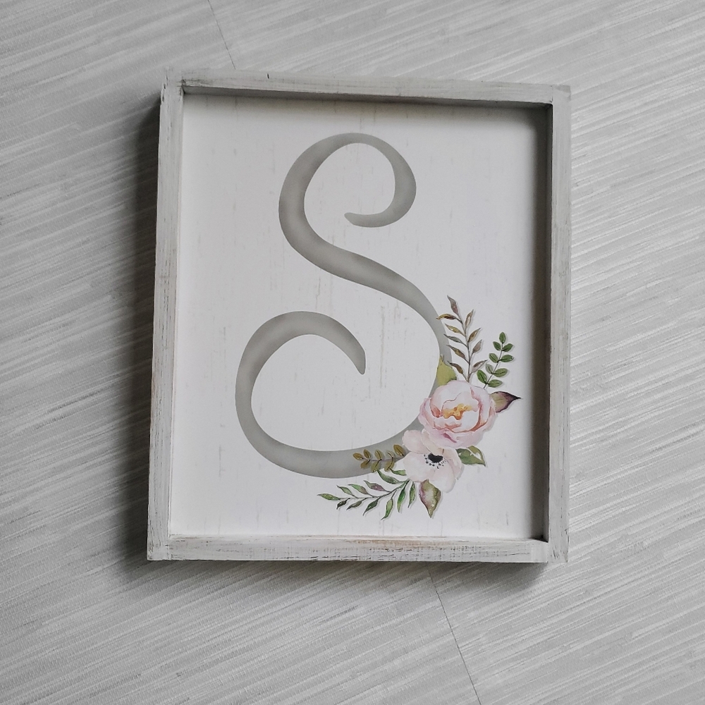 Floral Boho Monogram 'S' Wall Art 12" X 14" Grey Pink White NEW